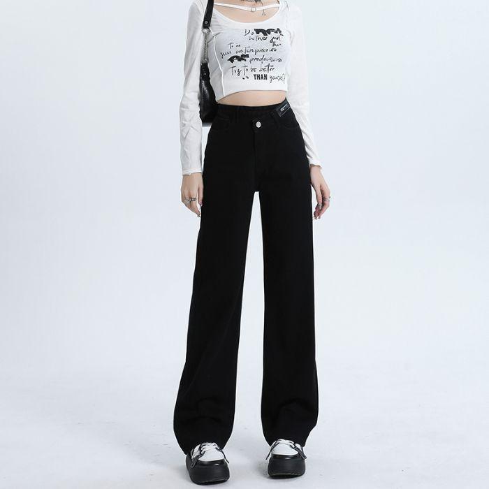Spring Summer Black Niche High Waist Relaxed Straight Wide Leg Denim Pants For Ladies Casual Pants Oversize Denim Trousers