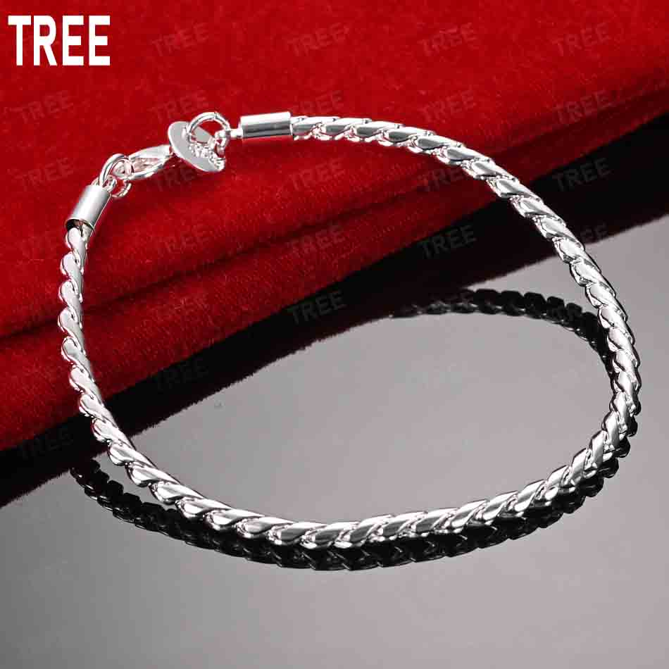 925 Sterling Silver 4mm Twisted Side Chain Beautiful Bracelet Gift Jewelry 20CM