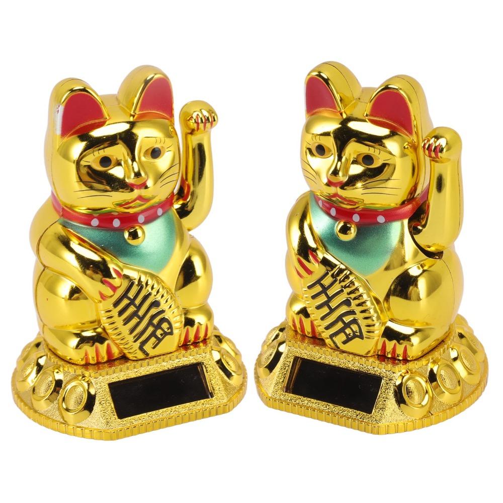 Gold & White Solar Waving Fortune Cat Ornament Hotel Restaurant Display Piece