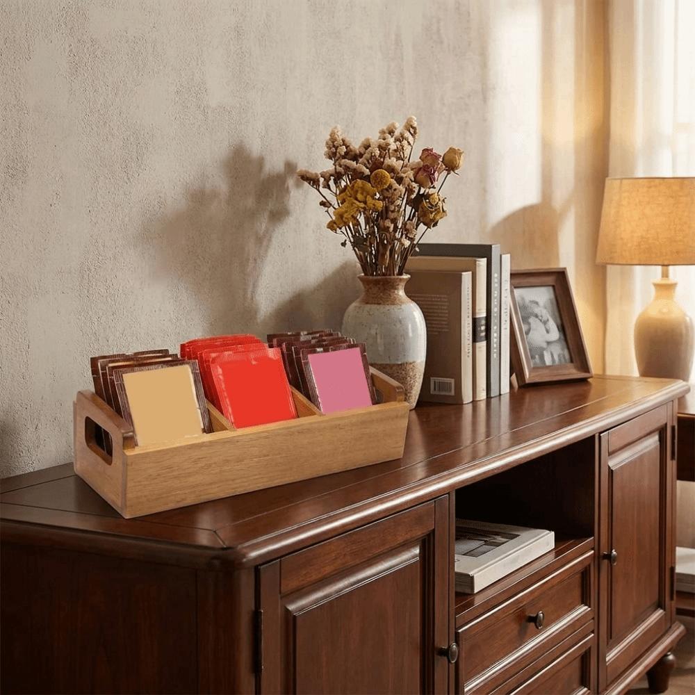 Wooden Tea Bag Storage Box Dual Side Handles Large Capacity Tea Bag Holder 3 Slots Sugar Packet Storage Box Office