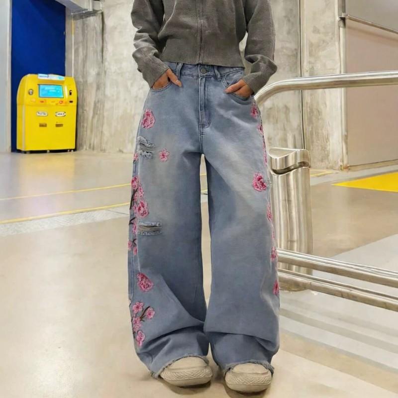 Womens High-Waisted Straight Leg Denim Jeans With Floral Embroidery Distressed Washed Vintage Streetwear