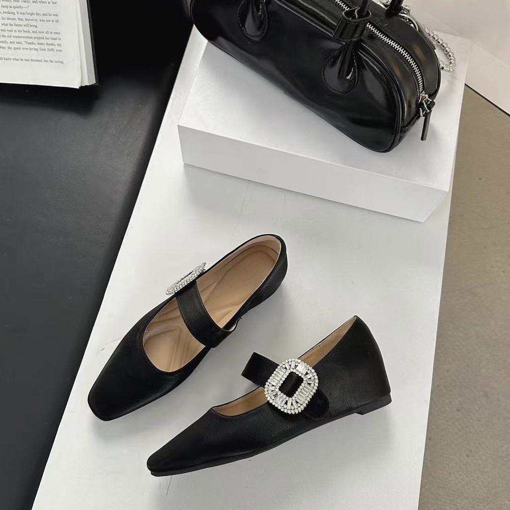 Flat Single Shoes Women's New Suede Square Head Rhinestone One-word Buckle Mary Jane Shoes Thick Heel Versatile