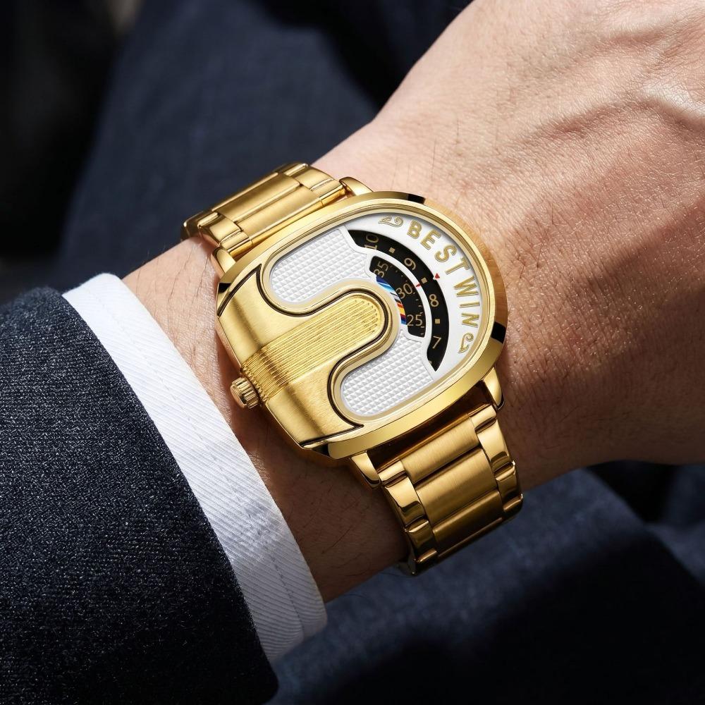 Fashion Men Irregular Tonneau Shape Quartz Watch Creative Rotating Dial Stainless Steel Bracelet Wristwatch