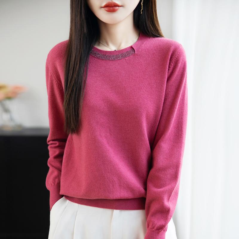 Women's Rhinestone Crew Neck Knit Sweater - Elegant, Versatile, and Stylish for Autumn & Winter