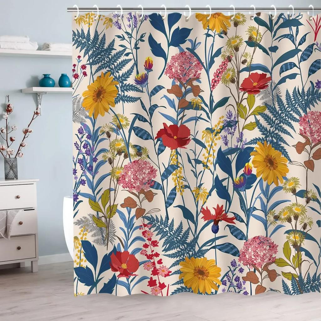 Mexican Floral Shower Curtain, Ethnic Art, Birds and Paisley, Flowers in White,Polyester, Waterproof, Bathroom Decor