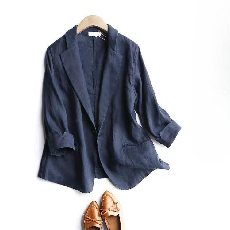 Women Loose Cotton Linen Small Suit Jacket Solid Color Long Sleeve Spring Autumn Large Size Blazer