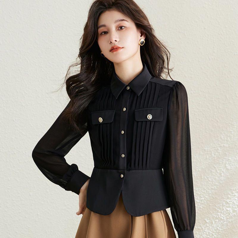 Women Shirt Thin Turn-down Collar Button Sweet Solid Pockets Spring Summer Dignified Temperament Chiffon Women's Formal