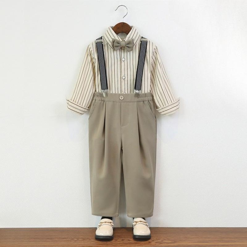 Toddler Boys Suspenders Pants Set Striped Button Down Shirt and Bow Tie Kids Formal Party Outfit Cute Wedding Guest Costume for 1-12Y