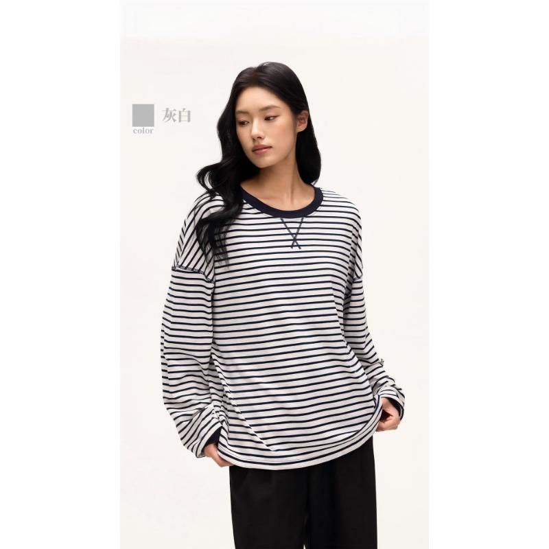 Women S Loose Fit Striped Long Sleeve Round Neck T Shirt Inner Wear