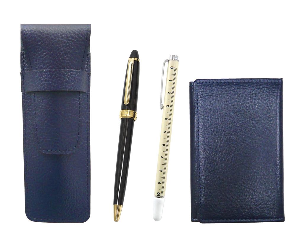 Blue Cowhide Pen Case and Business Card Holder with Slide Measuring Stick and Neo D-600 Ballpoint Pen Set, Black, SASL-MEIL-708W-600B-B