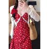Retro Floral Dress Temperament Red Dress Female Summer Spice Girl Waist Vacation Wind Seaside a Word Suspender Dress