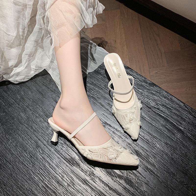 Xiaoxiangfeng Pointed Head Thin Heel Bag Head Sandals Women's Outer Wear In Spring 2025 New Shallow Mouth One Pedal Evening Slippers