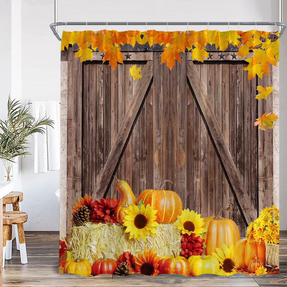 Autumn Pumpkin Shower Curtain Harvest Season Maple Leaf Scarecrow Flower Wooden Plank Barn Farmhouse Bath Decoration With Hook