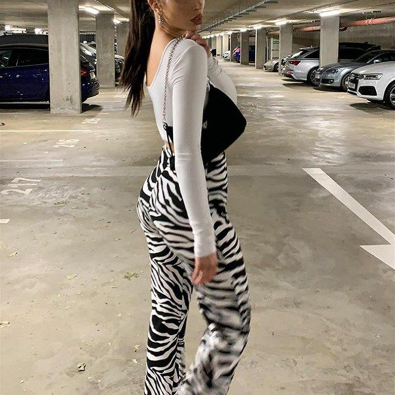 WannaThis Zebra Print Wide Leg Pants Trousers Sexy High Wais
