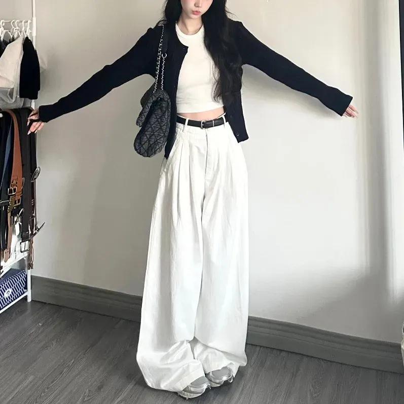 

Женские джинсы петит с высокой талией и широкими штанинами белые - Стройнящие, Драпирующиеся, Прямые, Свободного кроя XL белый