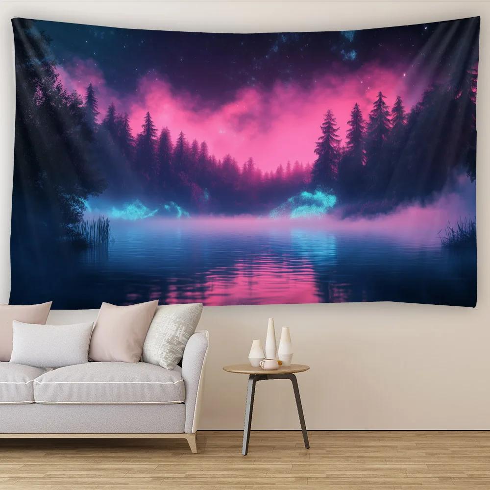 Aurora Lake Forest Starry Sky Tapestry Wall Hanging Cloth for Bedroom Headboard Living Room Sofa Decor