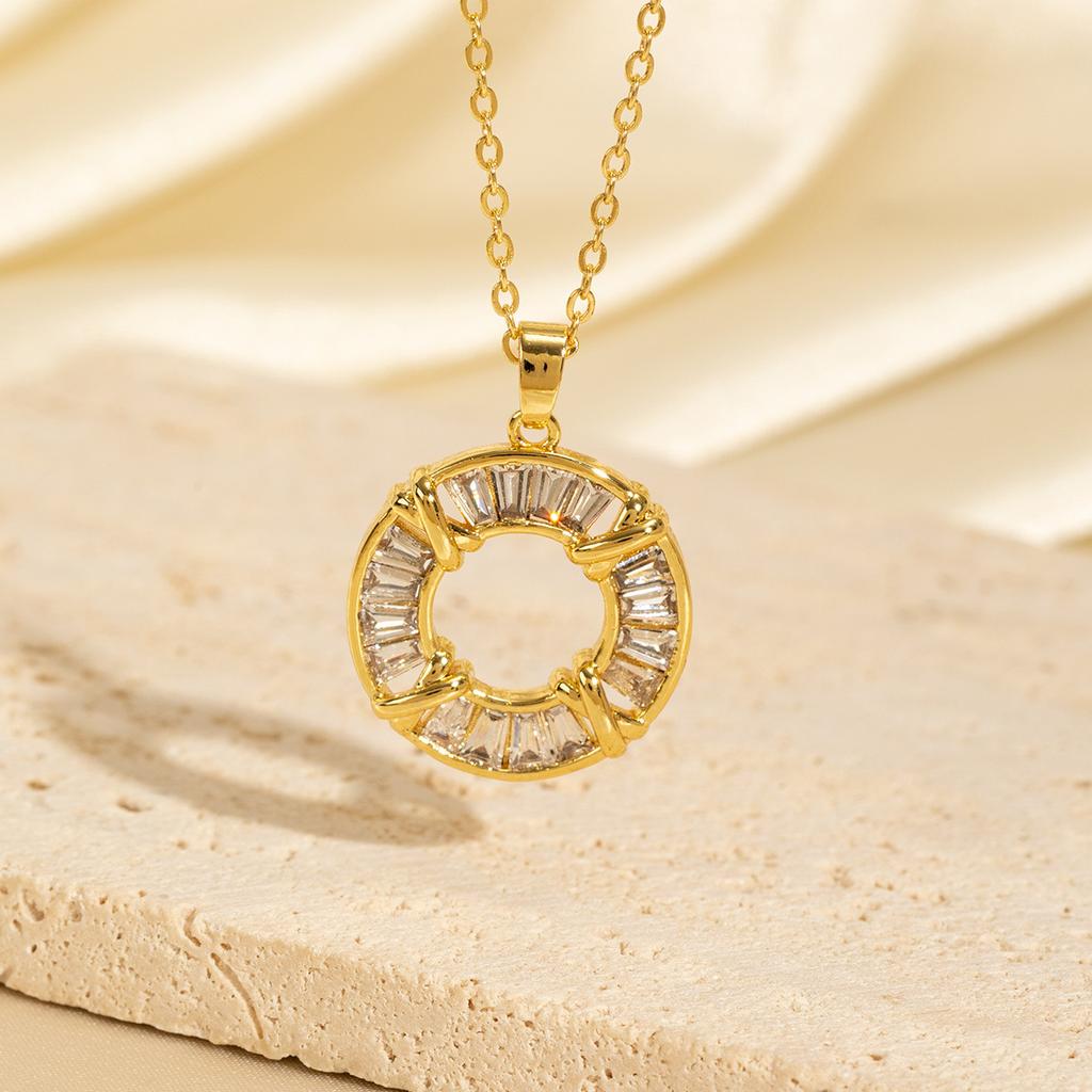 Ins-Stil Kupfer Zirkon Runder Anhänger Halskette Damen Minimalistisch Luxus Nicht-verblassender Schmuck
