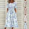O-Neck Short Sleeve Pleated Midi Dress Pockets Loose Hem Women Floral Print A-Line Holiday Dress Daily Clothing