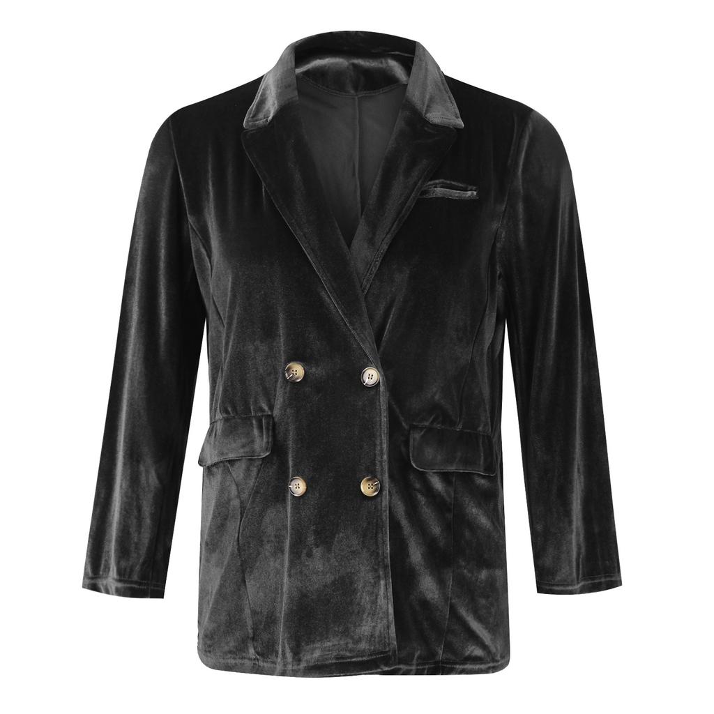 Damenmode Casual Gold Samt Knopf Tasche Jacke V-Ausschnitt Anzug Jacke