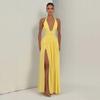 European American Women's Clothing Summer New Style Pure Color Elegant Sleeveless V-neck Hanging Neck Strap Open Slit Long Dress