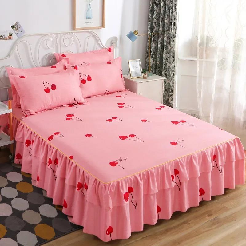 3PCS Ruffle Skirt Bedspread Home Textile Printed Bed Skirt Bedroom Coverlets Bedspreads Sheet Dust Cover Bedding with Pillowcase