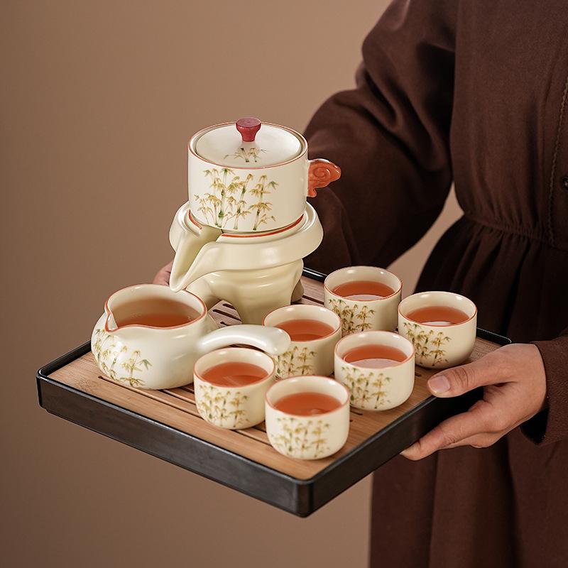 Semi-automatic Kung Fu Lazy Tea Set Huang Ru Golden Silk Set Household High-end Stone Grinding Teapot Enterprise Souvenir