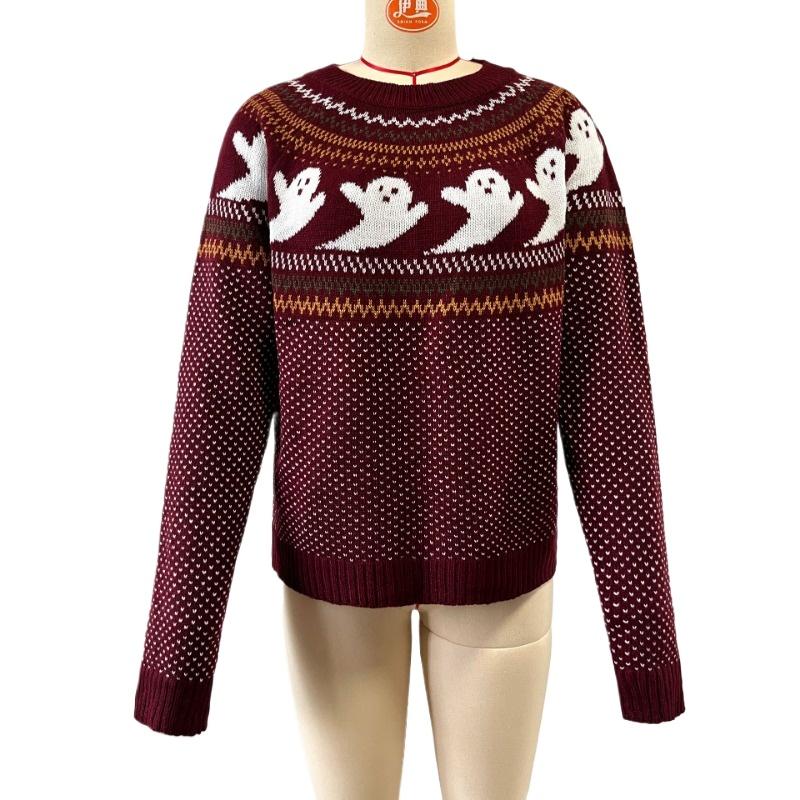 IHUASU Damen Herbst- und Winter Retro Polka Dot Langarm Strickpullover Locker