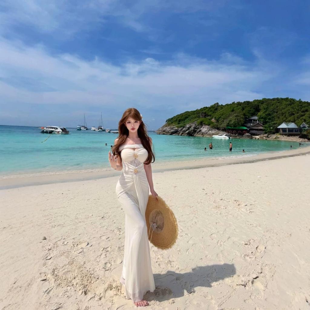 Tourism in Bali, Thailand, beautiful one-word shoulder pinch waist and thin fishtail dress, seaside vacation wind beach dress