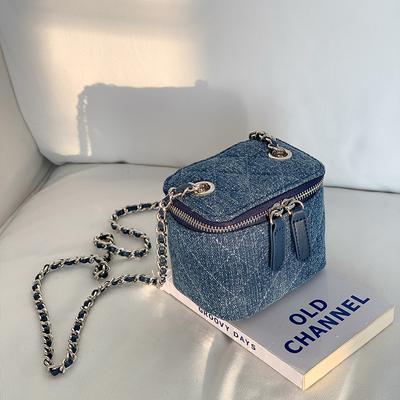 Neue tragbare Mini-Umhängetasche aus Denim-Stoff, vielseitige Retro-Messenger-Taschen, Ling-Grid-Kette, multifunktionale Box-Tasche