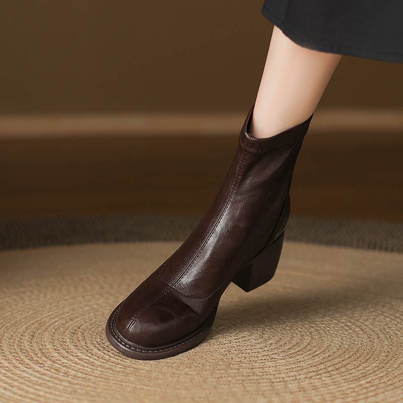 Krazing Po Microfiber Winter Round Toe Size 33 Western Boots Size 43 Zipper Thick High Heels Pleated Decoration Ankle Boots