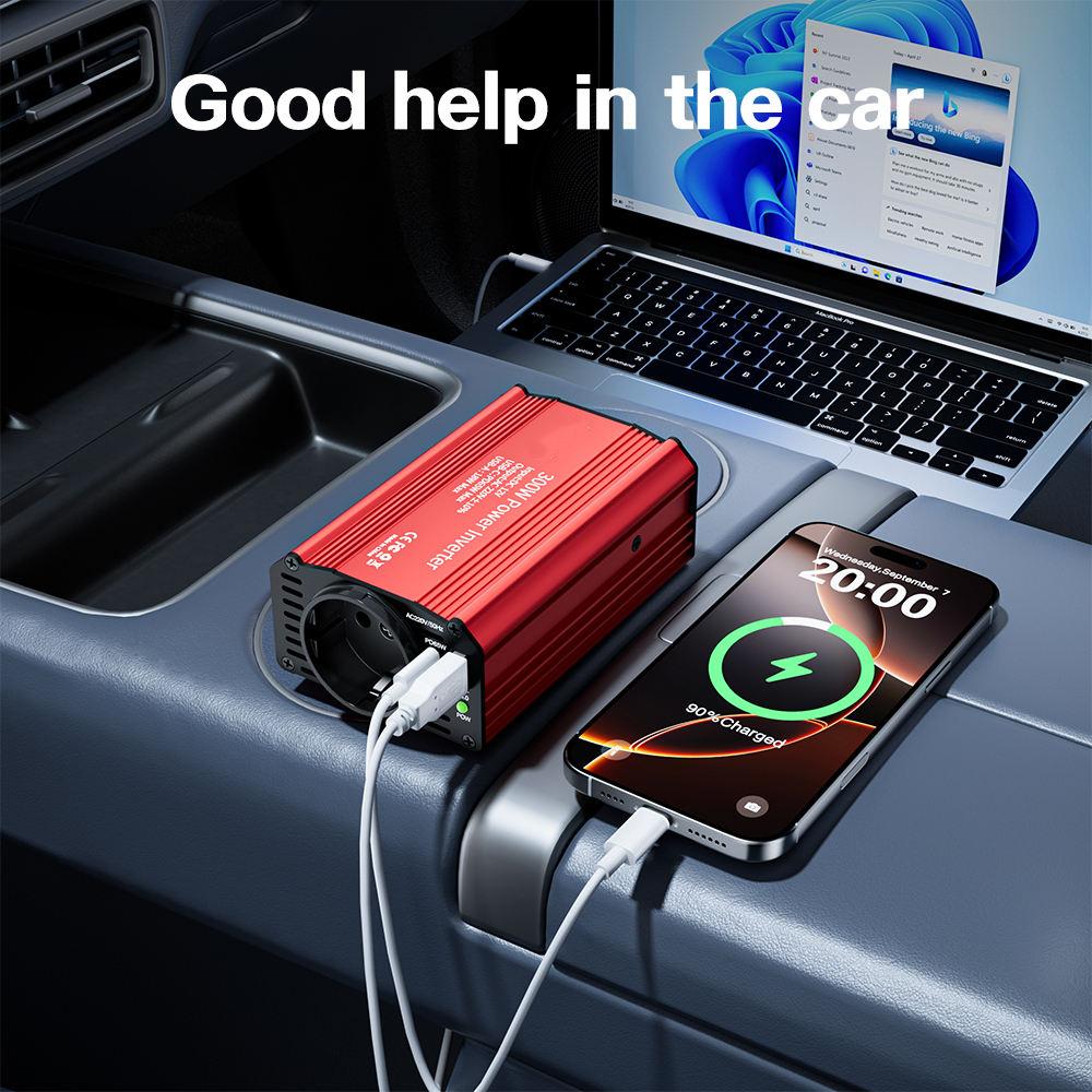 300W Single Phase Car Use Power Supply Inverter with EU Socket DC12V to AC220V/110V Output USB QC3.0 + PD65W Fast Charging