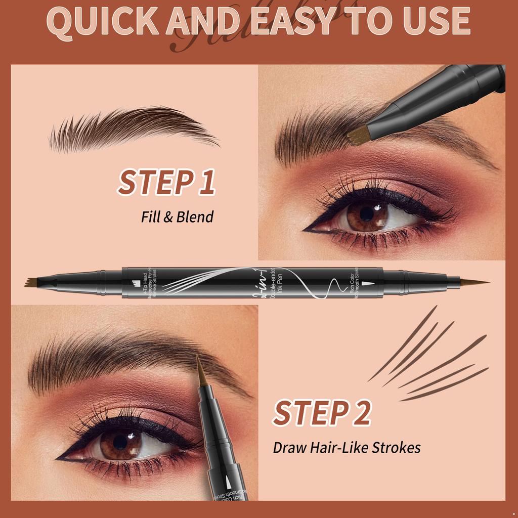 Dual-Tip Eyebrow Makeup Tool: Waterproof Pencil and Liquid Liner with Precision 4-Fork Brush for Defined Brows