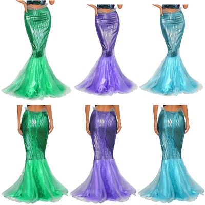 Women Ladies Sequin Mermaid Long Tail Skirt Shiny Fish Scale Halloween Role Play Skirt Costume