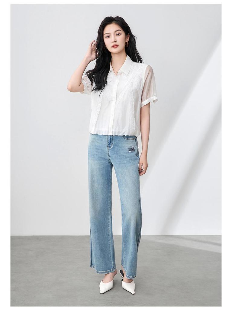 Elegant French Fine Spun Lace Puff Sleeve Cotton Blouse - Women's Summer Top