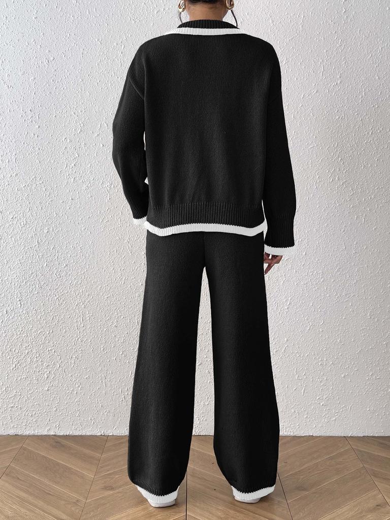 Women S Two Piece Set Polo Neck Long Sleeve Sweater And Wide Leg Pants