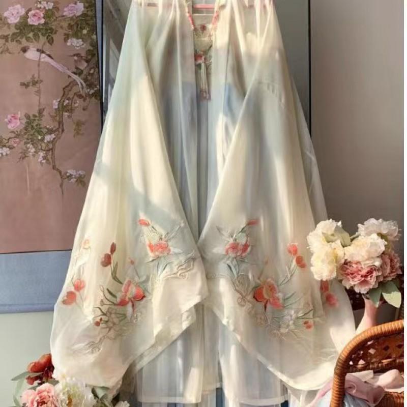 Womens Tang Dynasty Style Hanfu Set Embroidered Wide Sleeve Top High-Waisted Skirt Daily Wear Pink Blue