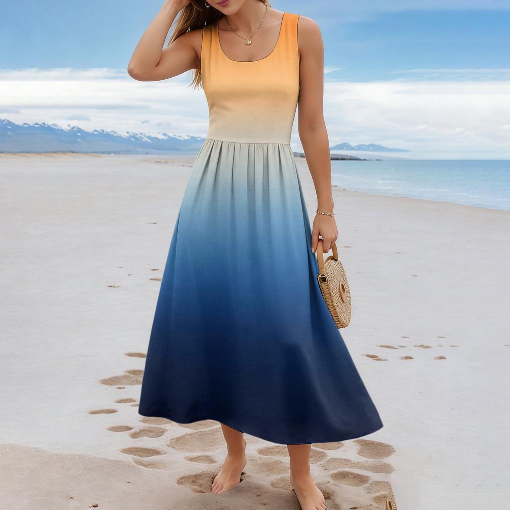 Ladies' gradient printed summer casual and fashionable sleeveless long dress