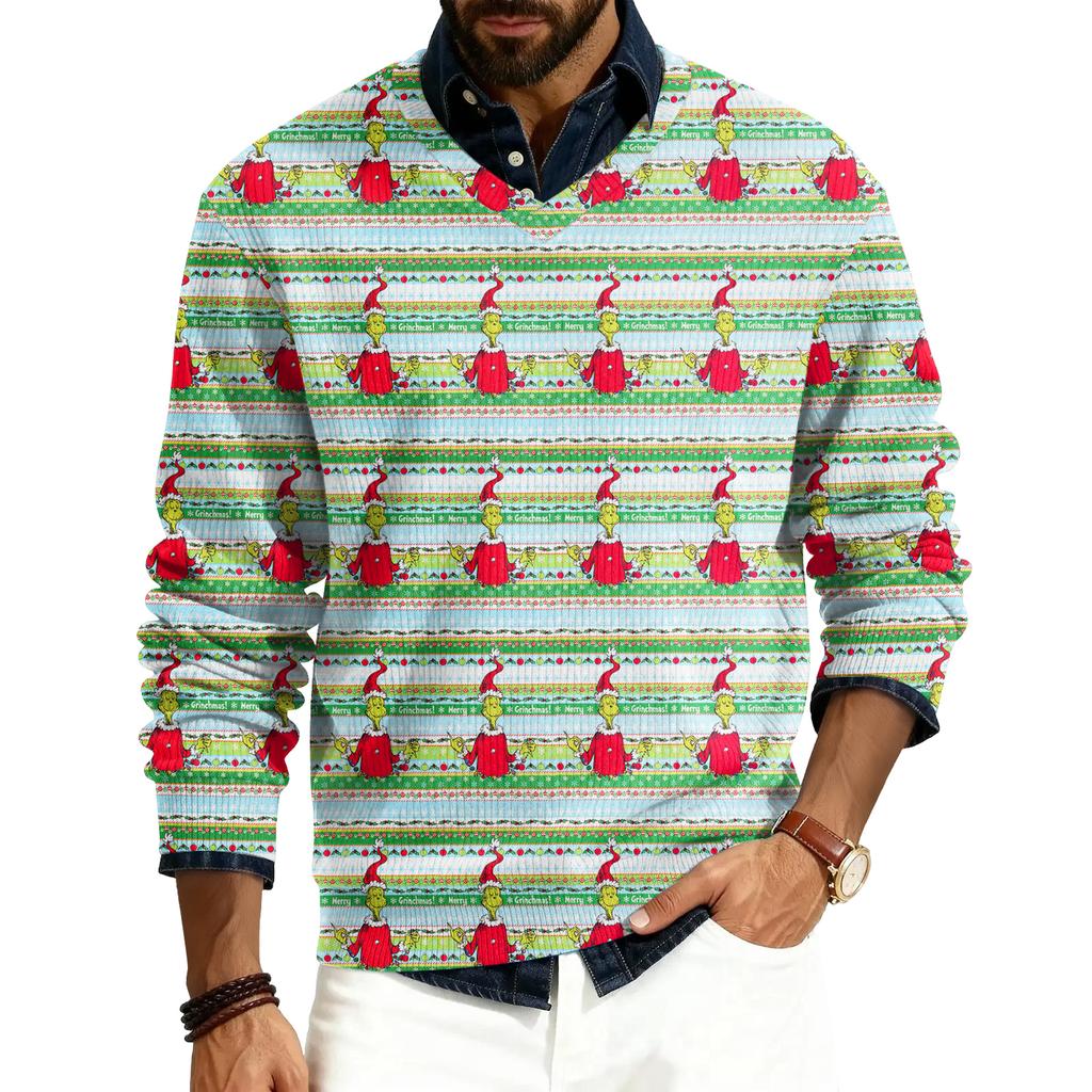Men's V-neck Long Sleeve Ribbed Knit Pullover