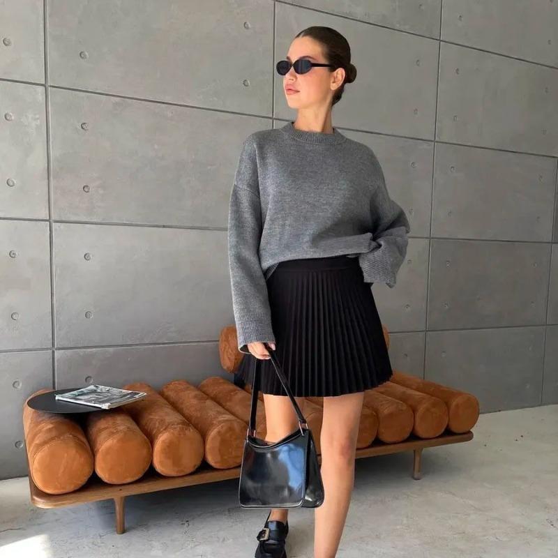 VEZFAA Women's Fashion Casual Fall Winter Solid Color Print Long Sleeve O-Neck Sweaters