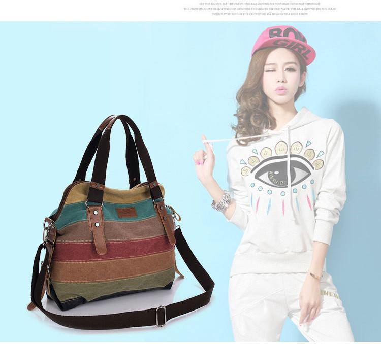 Patchwork Rainbow Shoulder Bag Canvas Totes Striped Womens Handbag Fashi Female Casual Crossbody Bag Sac A Main