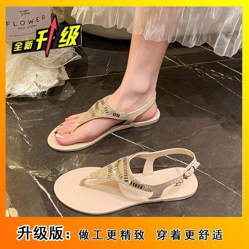 Versatile flat-bottomed casual bohemian beach sandals fashion toe rhinestone sandals women's 2025 summer and autumn new