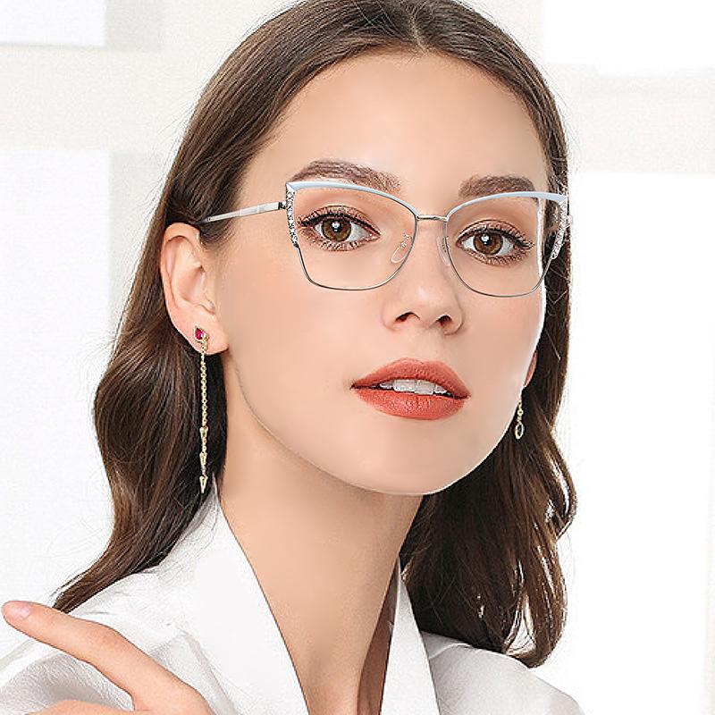 Fashion Women Men Rhinestone Anti-Blue Light Glasses Ultra Light Cat Eye Small Frame Optical Eyeglasses Office Computer Glasses