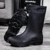 Men's Wear-Resistant Rubber Rain Boots: Mid-Calf, Anti-Slip, Waterproof Slip-On Shoes for Fishing & Construction.