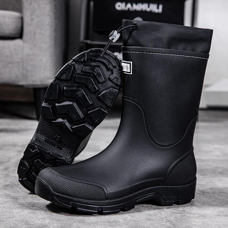Men's Wear-Resistant Rubber Rain Boots: Mid-Calf, Anti-Slip, Waterproof Slip-On Shoes for Fishing & Construction.