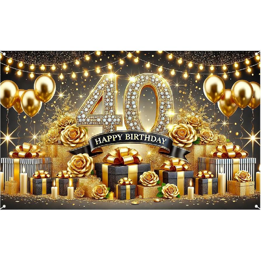 Nuxovilar 18th Happy Birthday Banner Pink Gold - Sparkling Roses Backdrop, 71x43 Inch Dreamy Yard Sign for Coming of Age Party Decor B-Gold 40th