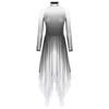 Womens Lyrical Dance Gradient Dress Mesh Long Sleeve Irregular Hem Back Keyhole Leotard Figure Skating Modern Costume