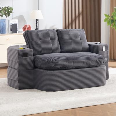 2-in-1 Sleeper Chair Corduroy, Sofa with Reclining Function, Compressed Floor Sofa, Adjustable Armrests, 2 Cup Holders, Backrest, Deep Seat, Dark Grey