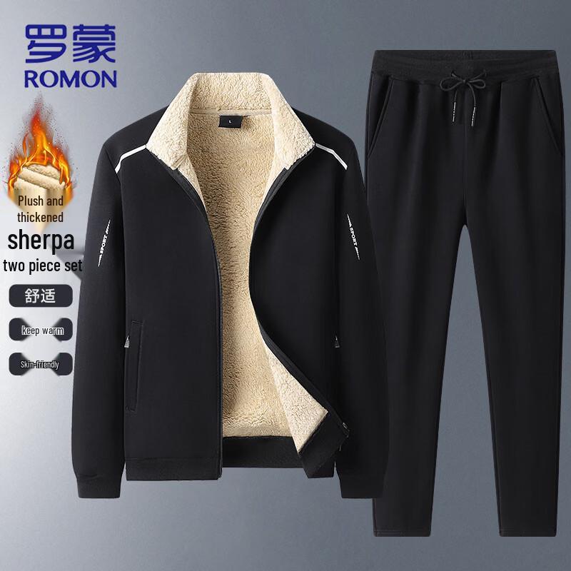 

ROMON Men s Fleece-Lined Stand Collar Cardigan Sweatshirt Set 3XL