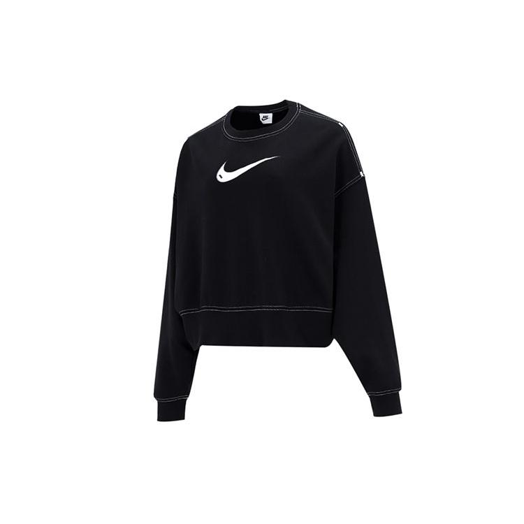 (WMNS) Nike Sportswear Swoosh Logo Embroidered Loose Knit Short Round Neck Pullover Black Hoodie Women s DO7212-010 L
