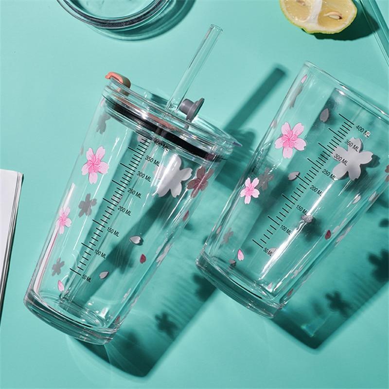 Cherry Blossom Travel Glass Coffee Mug Outdoor Heat-Resistant Scale Teacup With Non-Slip Cover Transparent Milk Breakfast Cup